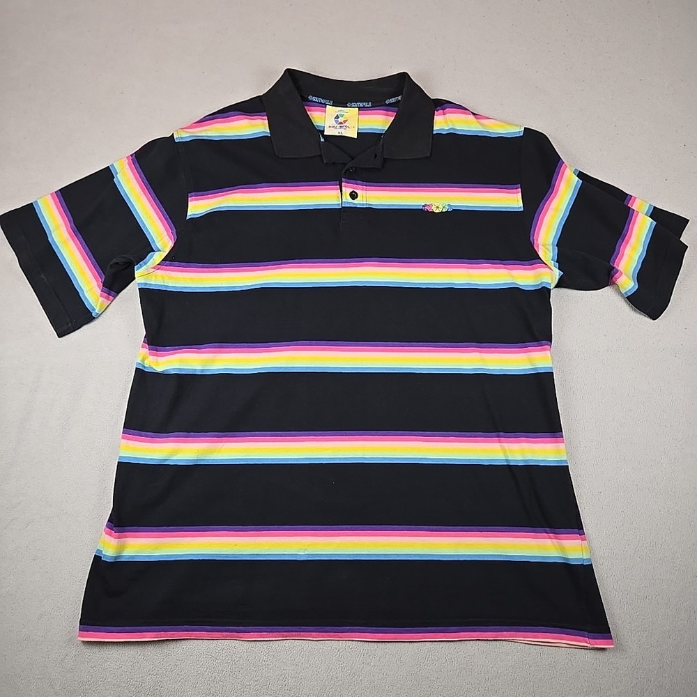 Vintage South Pole Polo Shirt Men XL Striped Black Rainbow Y2K Short Sleeve